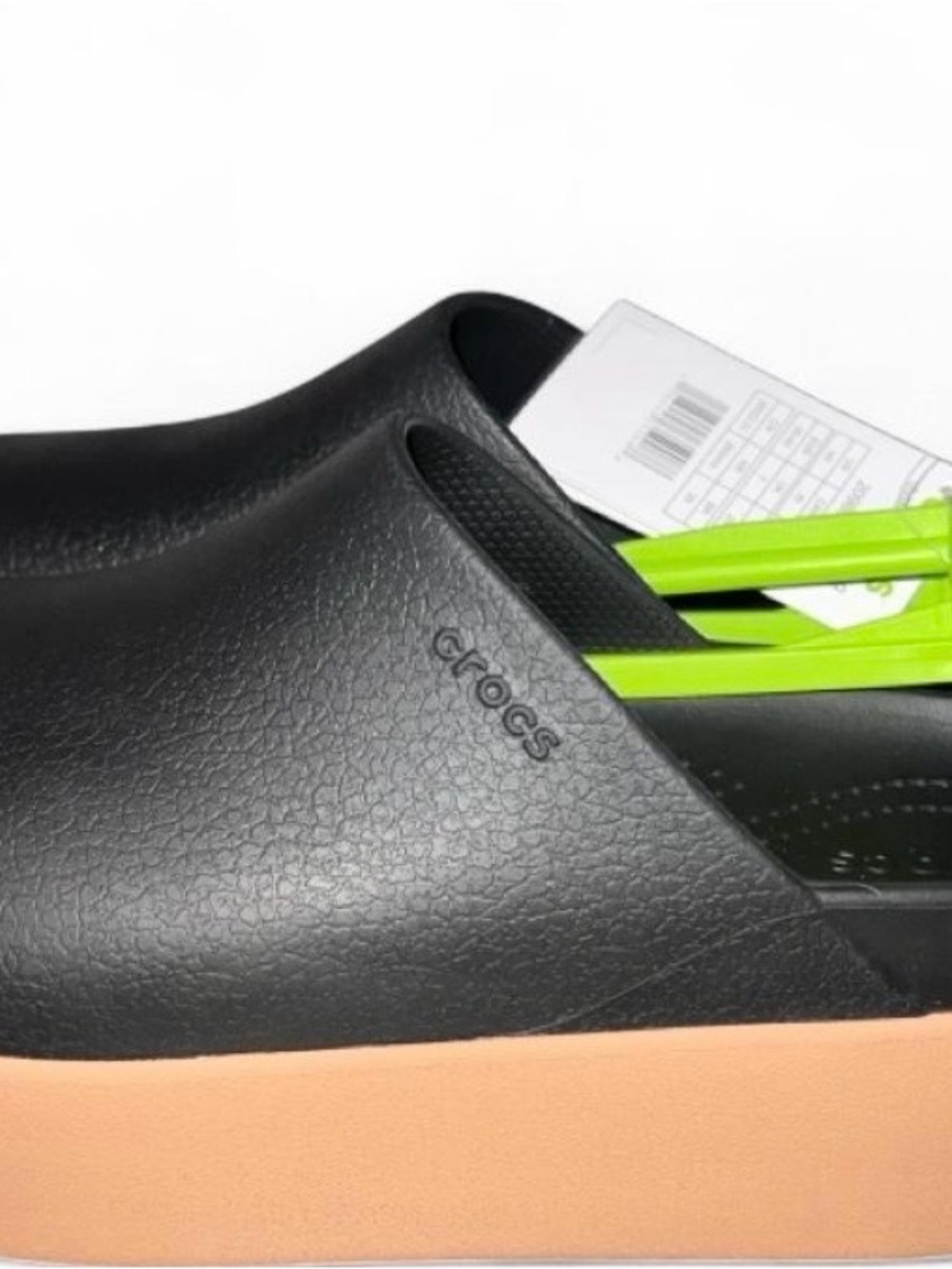 CROCS Black Upper with Tan Platform and Neon Green Strap Slip-On